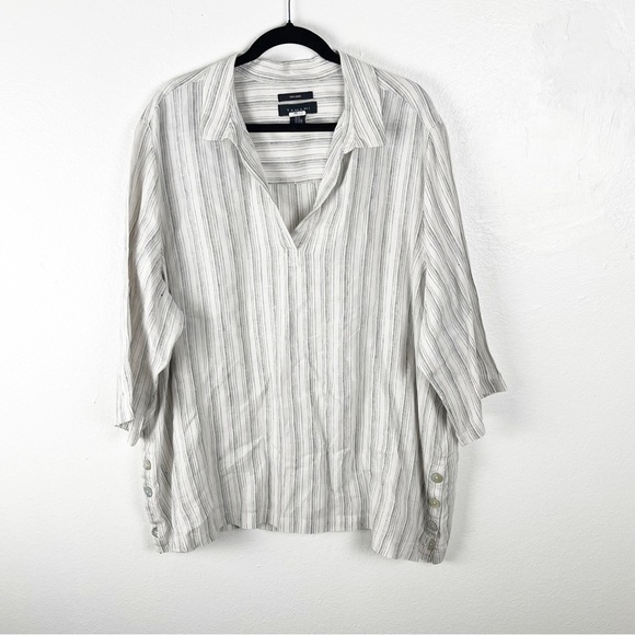 TAHARI 100% Linen Striped Side Accent Buttons Tunic Top, Size 2X - Picture 1 of 5